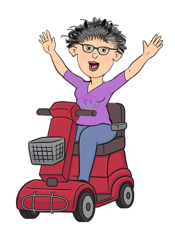 Cartoon of happy lady on scooter